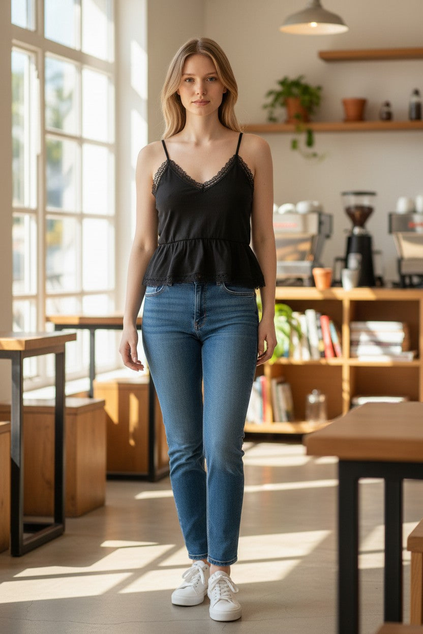 Elegance Lace Top – juoda palaidinė su nėrinių detalėmis