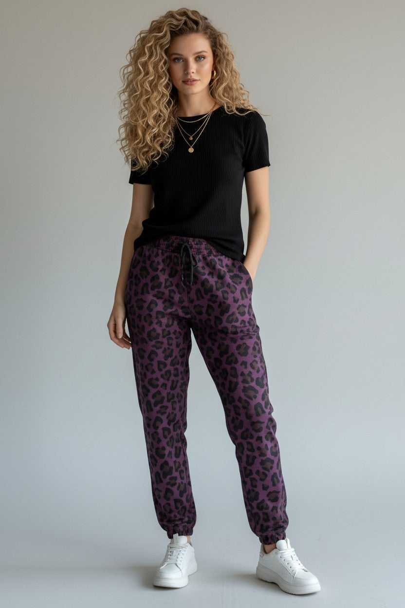 Tezenis 100% medvilnės kelnės S | Violetinės leopardinės moteriškos kelnės