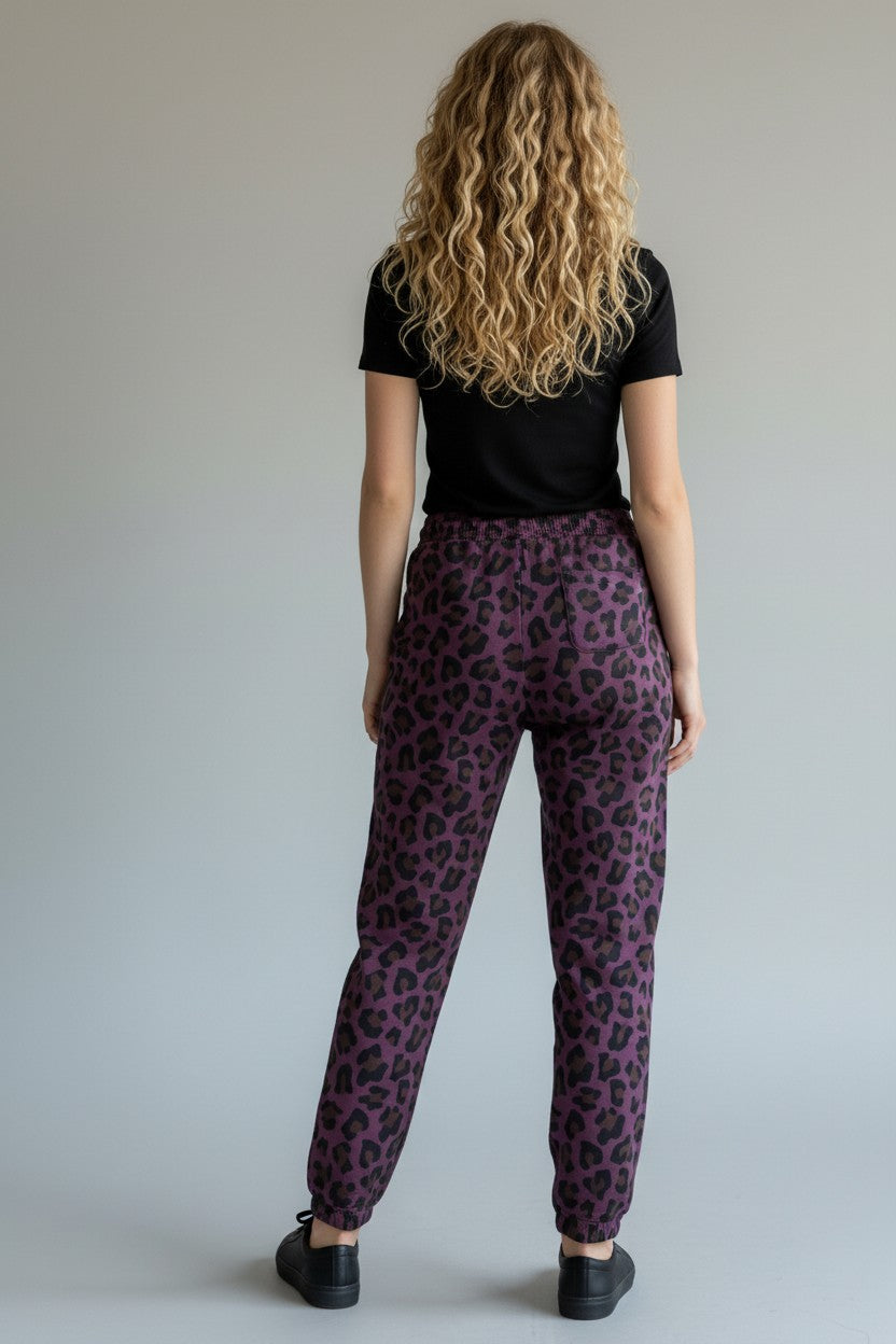 Tezenis 100% medvilnės kelnės S | Violetinės leopardinės moteriškos kelnės
